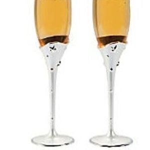 B35-NEW Pair (2) Silver Pearl Stem Toasting Glass Champagne Flutes